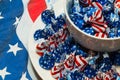 Plate and Bowl of Patriotic Hershey Chocolate Kisses Royalty Free Stock Photo